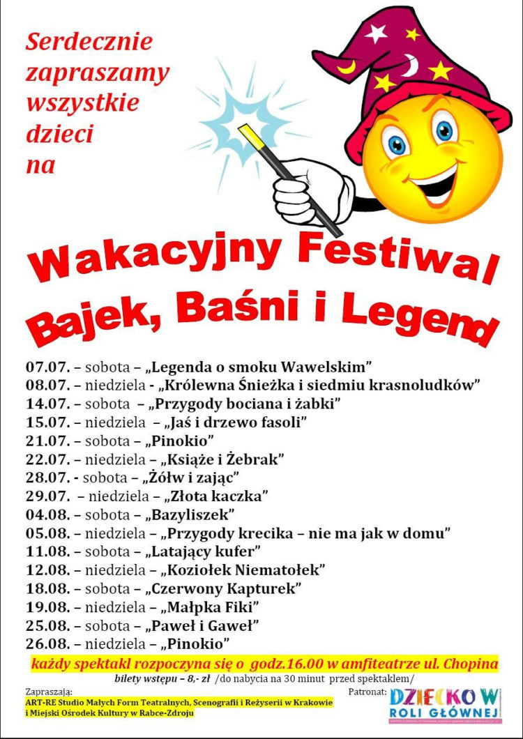 Serdecznie zapraszamy wszystkie  dzieci na Wakacyjny Festiwal Bajek, Baśni i Legend- Rabka Zdrój