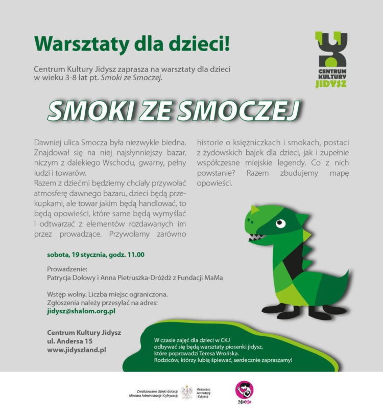 WARSZTATY: Centrum Kultury Jidysz zaprasza na warsztaty dla dzieci w wieku 3-8 lat pt. Smoki ze Smoczej – 19.01.2013