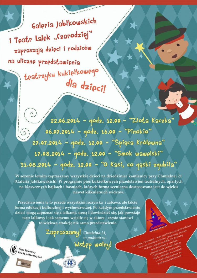 Teatrzyk kukiełkowy dla dzieci – już od tej niedzieli u Jabłkowskich. Wstęp wolny – zapraszamy!