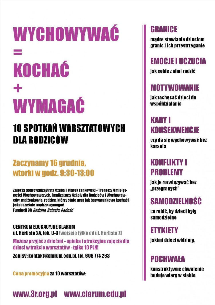 10 SPOTKAŃ WARSZTATOWYCH DLA RODZICÓW – WYCHOWUJĘ = KOCHAM + WYMAGAM