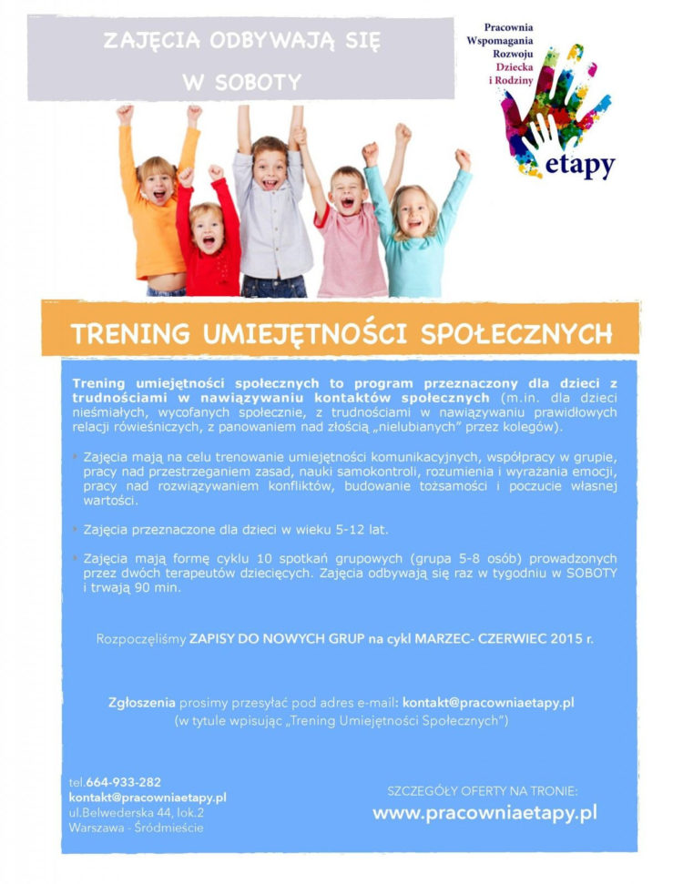 TRENING UMIEJĘTNOŚCI SPOŁECZNYCH –zapisy do nowych grup marzec-czerwiec 2015