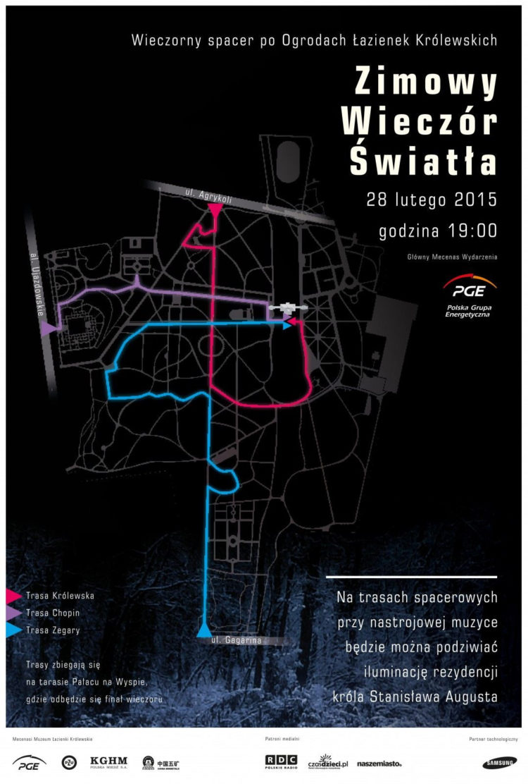 Iluminacje i muzyka podczas Zimowego Wieczoru Światła w Łazienkach Królewskich