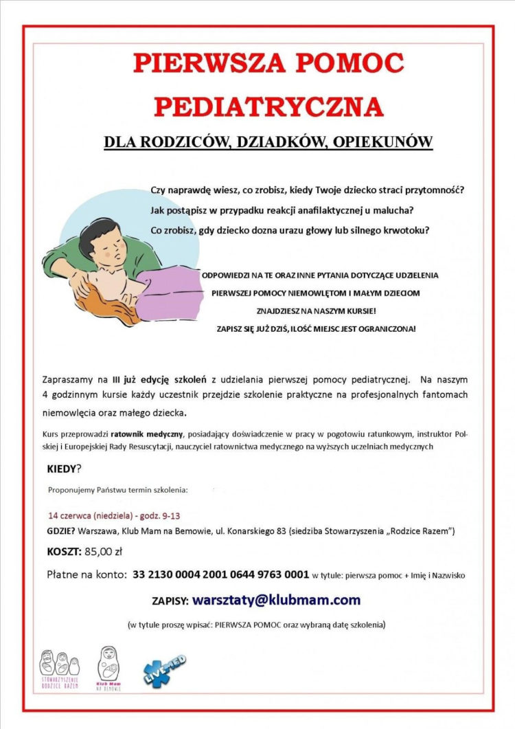 Zapraszamy Was do Klubu Mam na Bemowie na III edycję kursu udzielania pierwszej pomocy pediatrycznej
