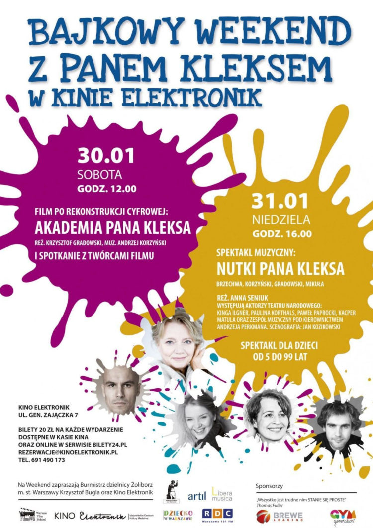Bajkowy weekend z Panem Kleksem 30 i 31 stycznia 2016 w kinie Elektronik przy ul. Gen Zajączka 7