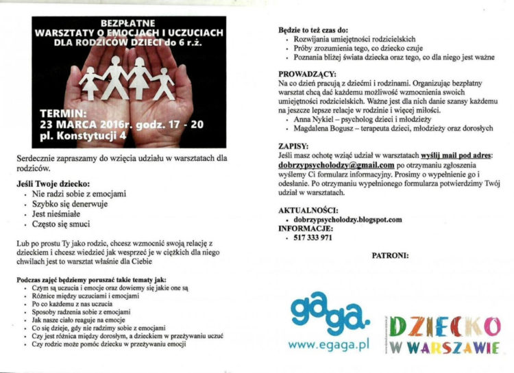 Bezpłatne warsztaty o emocja i uczuciach dla rodziców dzieci do 6 roku życia