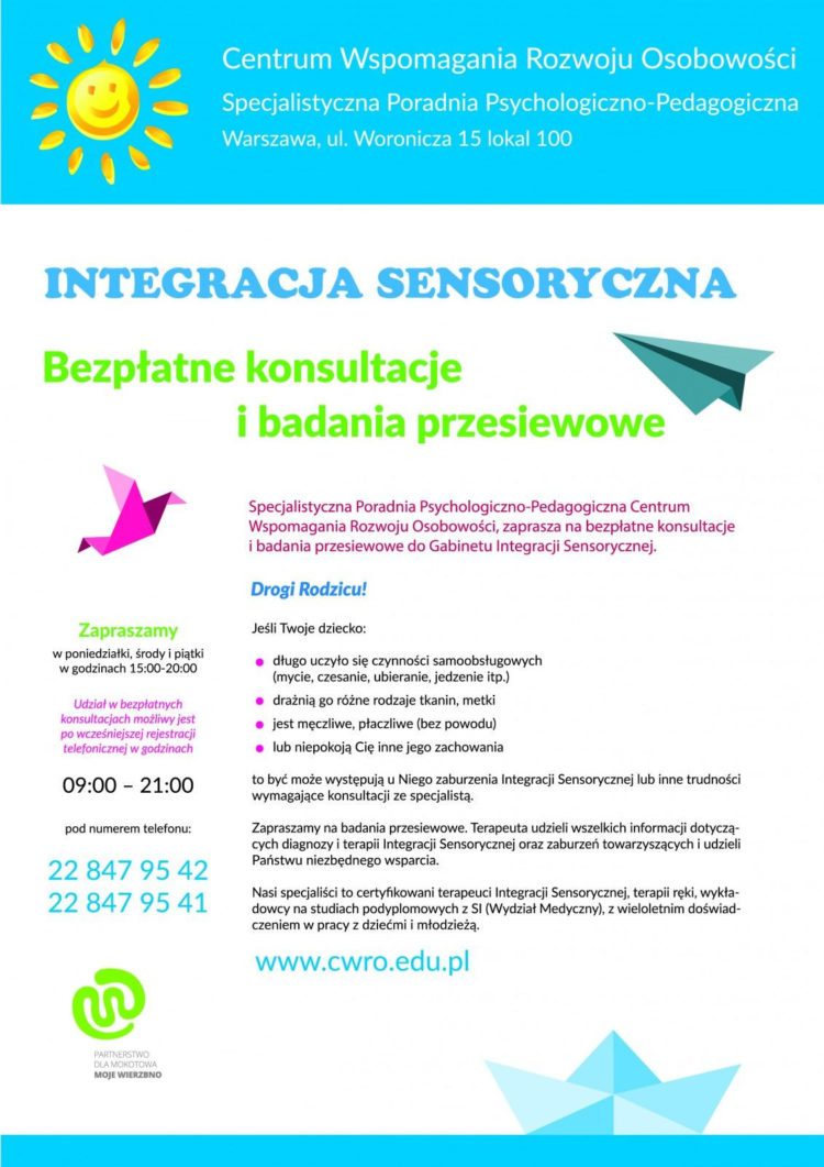 Bezpłatne konsultacje i badania przesiewowe do Gabinetu Integracji Sensorycznej