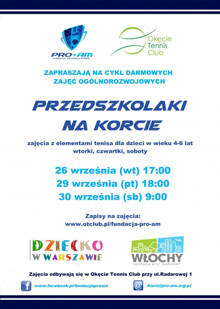 Bezpłatne zajęcia ogólnorozwojowe z elementami tenisa dla dzieci w wieku 4-6 lat – „Przedszkolaki na korcie”