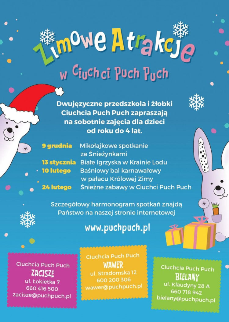 ZAJĘCIA DLA DZIECI NA BIELANACH, CIUCHCIA PUCH PUCH ZAPRASZA NA BIAŁE IGRZYSKA W KRAINIE LODU