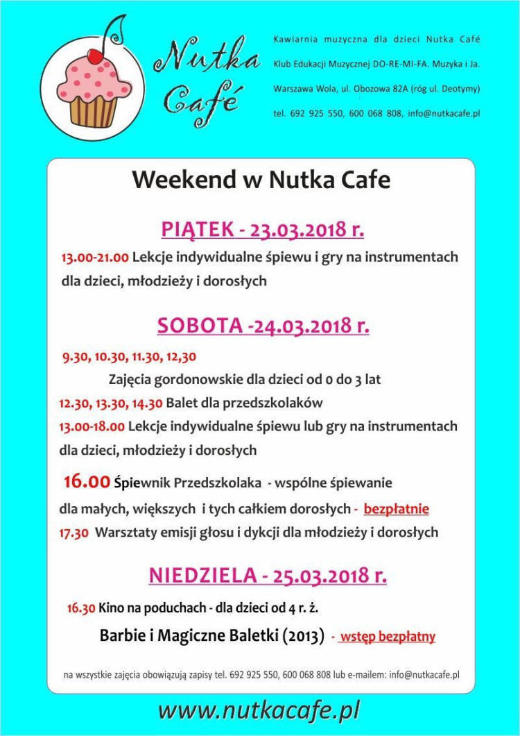 Zajęcia i atrakcje na najbliższy weekend w Nutka Café