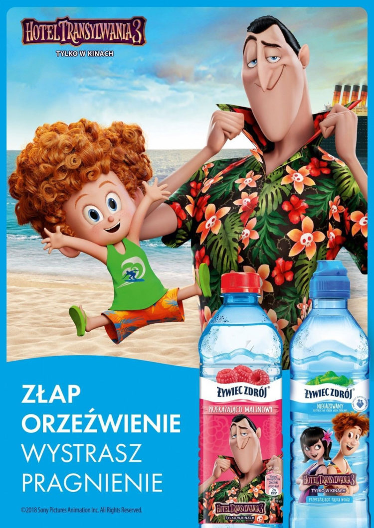 Bohaterowie filmu familijnego „Hotel Transylwania 3” na etykietach produktów Żywiec Zdrój