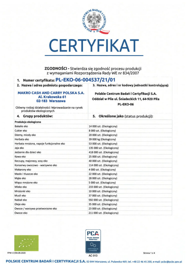 MAKRO Polska z certyfikatem dystrybucji produktów ekologicznych